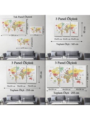 Harita Sepeti  Türkçe Dünya Haritası Dekoratif Kanvas Tablo Ülke-Başkentli Öğretici ve Sembollü 2312
