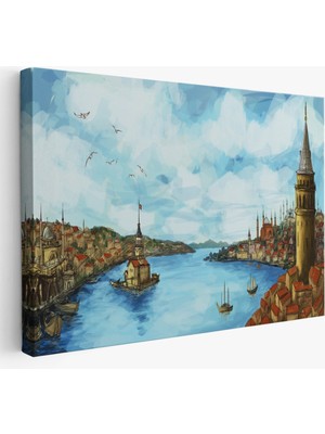 Harita Sepeti Galata Kulesi Kız Kulesi ve Boğaz Manzara TABLOSU-6506