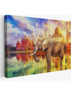 Harita Sepeti Fil ve Taç Mahal Manzaralı Yağlıboya Görünüm Dekoratif Kanvas Duvar TABLOSU-3716