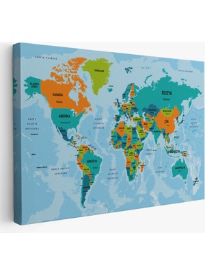 Harita Sepeti Türkçe Dünya Haritası Ülke Başkentli ve Okyanuslu Dekoratif Kanvas Tablo 2230
