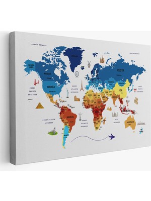 Harita Sepeti  Türkçe Dünya Haritası Kanvas Tablo Ülke-Başkentli Öğretici ve Sembollü 2266