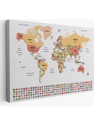 Harita Sepeti  Türkçe Dünya Haritası Kanvas Tablo Ülke Bayraklı ve Dekoratif 2386
