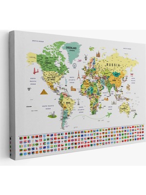 Harita Sepeti Dünya Haritası Ayrıntılı Eğitici  Sembollü Bayraklı Dekoratif Kanvas Tablo 2847