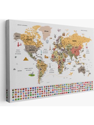 Harita Sepeti Türkçe Dünya Haritası Ayrıntılı Eğitici  Sembollü Bayraklı Dekoratif Kanvas Tablo 2854