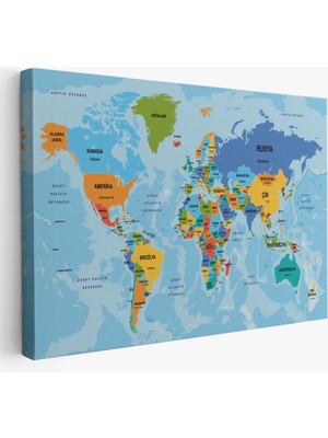 Harita Sepeti Türkçe Dünya Haritası Ülke Başkentli ve Okyanuslu Dekoratif Kanvas Tablo 2260