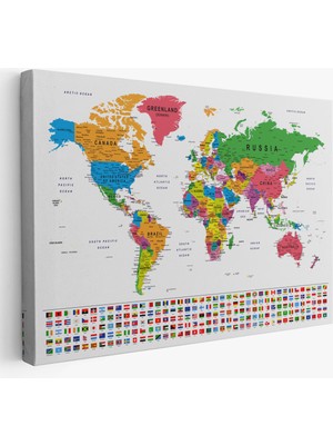 Harita Sepeti Dünya Haritası Son Derece Ayrıntılı Eğitici  ve Bayraklı Dekoratif Kanvas Tablo 3244