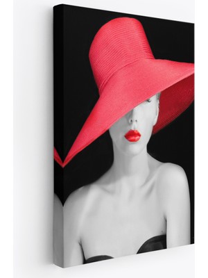 Harita Sepeti Kırmızı Rujlu ve Kırmızı Şapkalı Zarif Genç Kadın Kanvas TABLOSU-4974