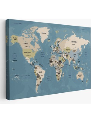 Harita Sepeti Dünya Haritası Kanvas Tablo  Ülke Başkentli ve Okyanus Detaylı Tablo 2743