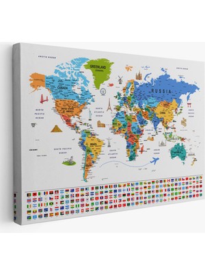 Harita Sepeti Dünya Haritası Ayrıntılı Eğitici  Sembollü Bayraklı Dekoratif Kanvas Tablo 2885
