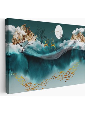 Harita Sepeti Ormanda Koşan Geyiklerin Dijital Sanatı Kanvas TABLO-5040