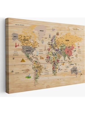Harita Sepeti Ahşap Görünümlü Türkçe Dünya Haritası Sembollü Eğitici Kanvas Tablo 2925