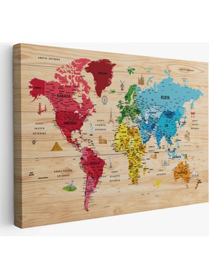 Harita Sepeti Ahşap Görünümlü Türkçe Dünya Haritası Sembollü Eğitici Kanvas Tablo 2949