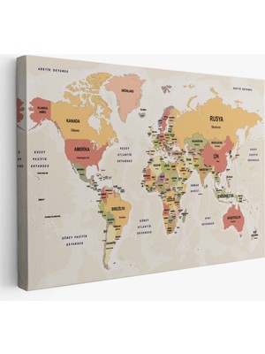 Harita Sepeti Türkçe Dünya Haritası Kanvas Tablo  Ülke Başkentli ve Okyanus Detaylı Tablo 2750