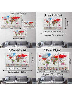 Harita Sepeti Türkçe Dünya Haritası Ayrıntılı Eğitici  Sembollü Bayraklı Dekoratif Kanvas Tablo 2884
