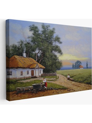 Harita Sepeti Köy Evi Manzarası Yağlıboya Görünüm Dekoratif Kanvas Duvar TABLOSU-3555