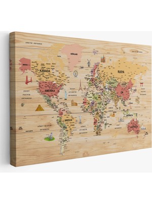 Harita Sepeti Ahşap Görünümlü Türkçe Dünya Haritası Sembollü Eğitici Kanvas Tablo 2931