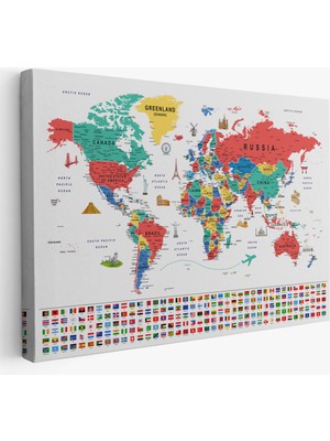 Harita Sepeti Dünya Haritası Ayrıntılı Eğitici  Sembollü Bayraklı Dekoratif Kanvas Tablo 2865