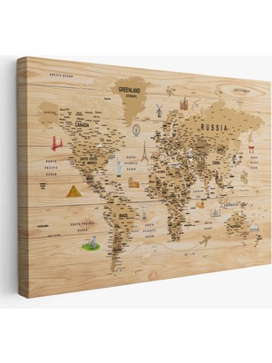 Harita Sepeti Ahşap Görünümlü Dünya Haritası Sembollü Eğitici Dekoratif Kanvas Tablo 2944