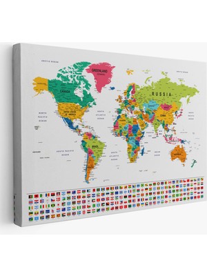 Harita Sepeti Dünya Haritası Son Derece Ayrıntılı Eğitici  ve Bayraklı Dekoratif Kanvas Tablo 2798