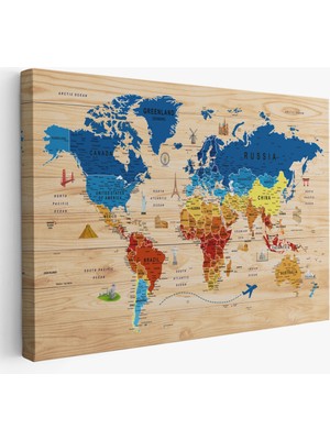 Harita Sepeti Ahşap Görünümlü Dünya Haritası Sembollü Eğitici Dekoratif Kanvas Tablo 2892