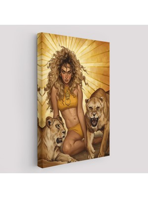 Harita Sepeti Aslanlarla Oturan Sarışın Vahşi Kadın Kanvas TABLO-5278