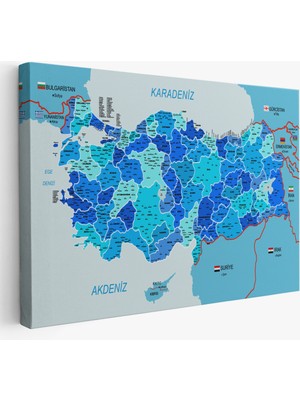 Harita Sepeti Türkiye Haritası Kanvas Tablo Il ve Ilçeli Ayrıntılı Eğitici  Komşulu Tablo 3002
