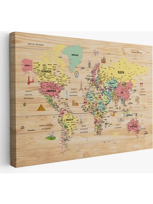 Harita Sepeti Ahşap Görünümlü Türkçe Dünya Haritası Sembollü Eğitici Kanvas Tablo 2935