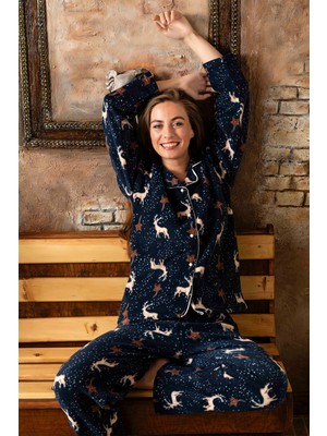 Nisanca Kadın Kışlık Polar Pijama Takımı Eğlenceli Hayvan Deseni Uzun Kollu Rahat Gömlek