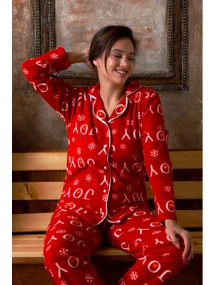 Nisanca Kışlık Yılbaşı Desenli Kadın Gömlek Polar Pijama Takımı