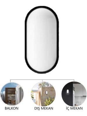 Rultech 3 Adet 20W Su ve Nem Geçirmez Siyah Kasa Beyaz Işık 6400K Oval Banyo Balkon İç ve Dış Mekan LED