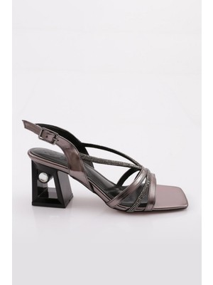 DGN 618 Kadin Silver Taşli Bantli Topuklu Sandalet