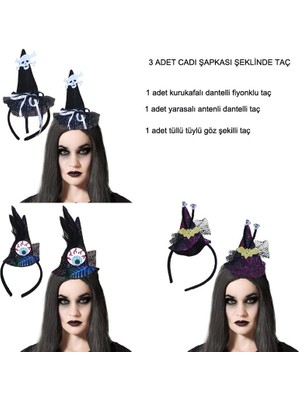Pandoli Halloween Tüllü Kurukafalı Şapkalı Yarasalı Gözlü Cadı Tacı 3 Adet