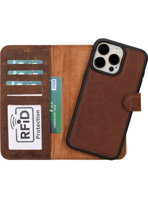 Bouletta Apple iPhone 15 Pro Max Uyumlu Deri Cüzdanlı Kılıf Mwwn G2 Kahve