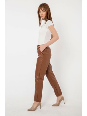 Laranor Beli Lastikli Yandan Cepli Suni Şardonlu Deri Havuç Pantolon 44 - Kahve