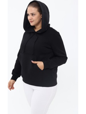 Piano Luce  Kadın Büyük Beden Cepli Kapşonlu Sweatshirt Siyah PLWM23SWT01