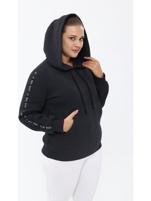 Piano Luce  Kadın Büyük Beden Şeritli Cepli Kapşonlu Sweatshirt Antrasit PLWM23SWT02