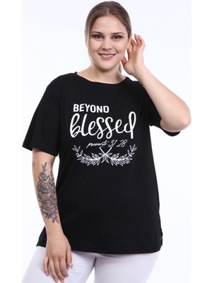 Piano Luce  Kadın Büyük Beden Baskılı Yarım Kol T-Shirt Siyah PLWM21TS007