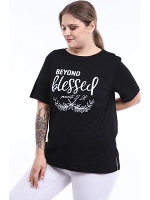 Piano Luce  Kadın Büyük Beden Baskılı Yarım Kol T-Shirt Siyah PLWM21TS007