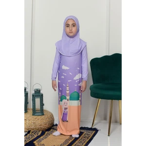 Çocuk Namaz Takımı Pratik Tek Parça Desenli Kollu Tak Çıkar Başörtülü Likralı Tesettür Elbise (6-12 Yaş) 925-0301