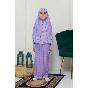 Çocuk Namaz Takımı Pratik Iki Parça Desenli Kollu Tak Çıkar Başörtülü Likralı Tesettür Elbise (6-12 Yaş) 901-0201