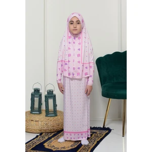 Çocuk Namaz Takımı Pratik Iki Parça Desenli Kollu Tak Çıkar Başörtülü Likralı Tesettür Elbise (6-12 Yaş) 901-0201