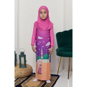 Çocuk Namaz Takımı Pratik Tek Parça Desenli Kollu Tak Çıkar Başörtülü Likralı Tesettür Elbise (6-12 Yaş) 925-0301