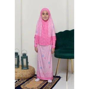 Çocuk Namaz Takımı Pratik Iki Parça Desenli Kollu Tak Çıkar Başörtülü Likralı Tesettür Elbise (6-12 Yaş) 901-0102