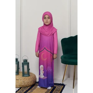 Çocuk Namaz Takımı Pratik Tek Parça Desenli Kollu Tak Çıkar Başörtülü Likralı Tesettür Elbise (6-12 Yaş) 925-0201