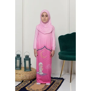 Çocuk Namaz Takımı Pratik Tek Parça Desenli Kollu Tak Çıkar Başörtülü Likralı Tesettür Elbise (6-12 Yaş) 925-0201