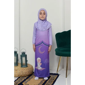 Çocuk Namaz Takımı Pratik Tek Parça Desenli Kollu Tak Çıkar Başörtülü Likralı Tesettür Elbise (6-12 Yaş) 925-0201