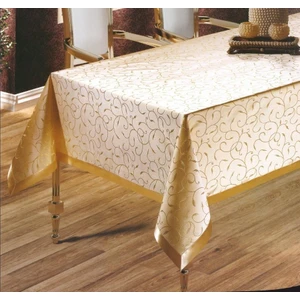 Gold Jakarlı Polyester Kumaş Masa Örtüsü Kenar Şeritli