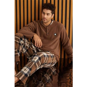Pijama Evi Kahve Krem Ekose Desenli Polar Erkek Pijama Takımı