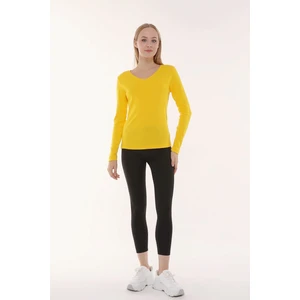 Kadın V Yaka Uzun Kollu Regular Fit Basic Tişört Sarı