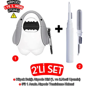 Airpods 1. ve 2. Nesil Uyumlu Köpek Balığı Figürlü Kulaklık Kılıfı ve 3'ü 1 Arada Kulaklık Temizleme Kalemi
